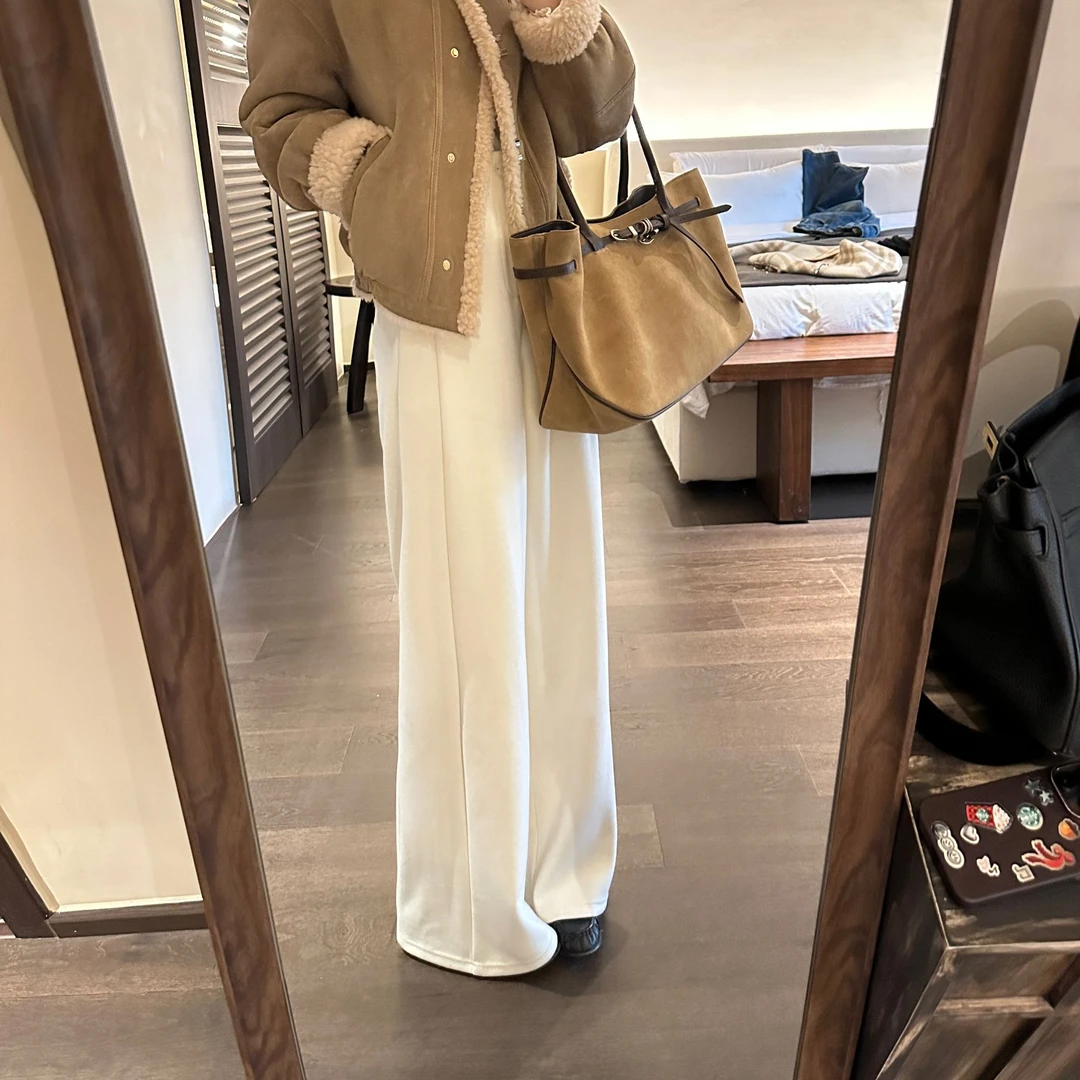 R123560W【羊毛+桑蚕丝】显瘦秋冬纯色休闲裤高腰阔腿裤休闲风加厚