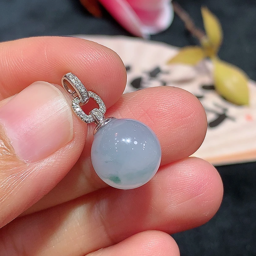 18k金天然A货翡翠飘花圆珠吊坠经典时尚气质百搭款