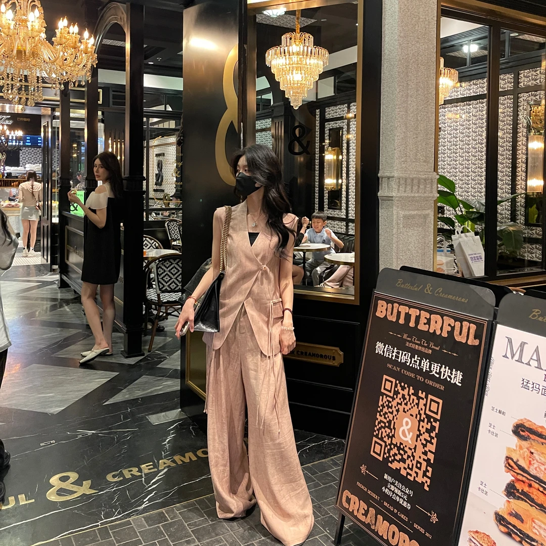 【24XZ050】Liixu时尚V领无袖新中式西装外套女夏季阔腿裤三件套