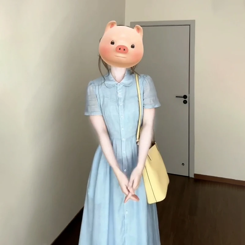 2025新款法式浅蓝色短袖衬衫连衣裙子女小个子高级感绝美长裙2486