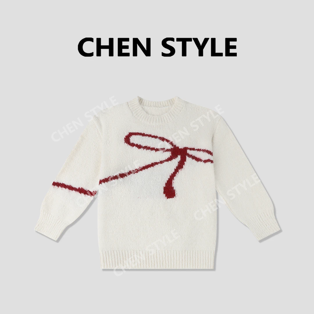 楚楚君~【氛围蝴蝶】Y52632蝴蝶结圆领百搭长袖毛衣