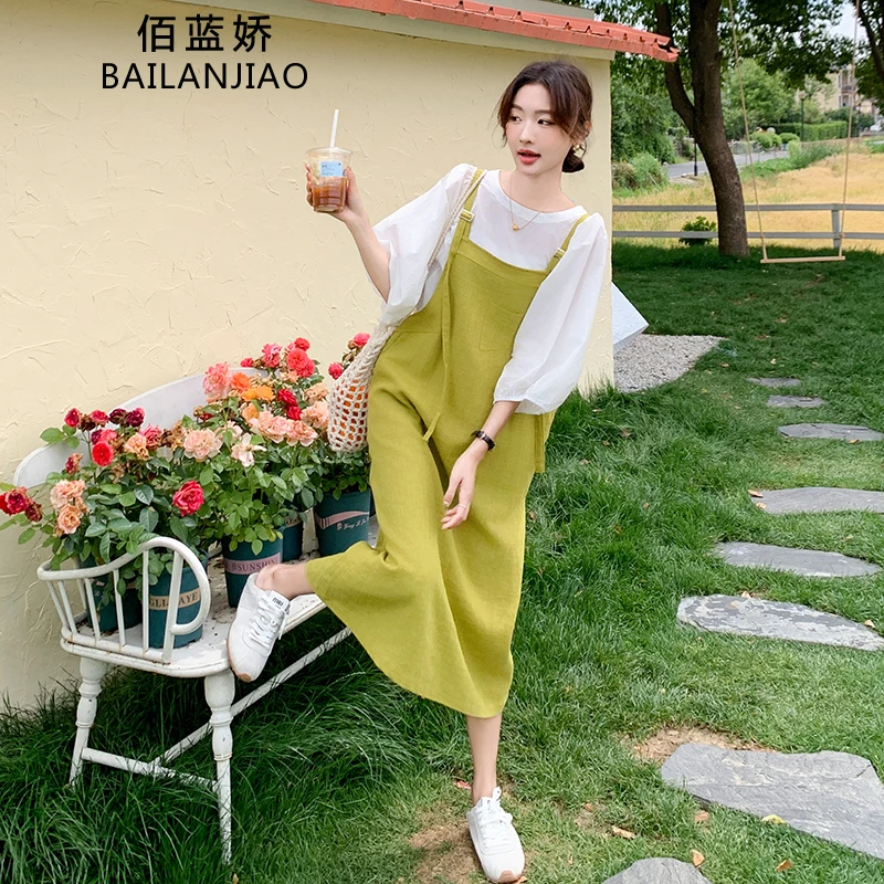 背带连衣裙女夏季2025超火减龄孕妇装宽松不显怀遮肚长裙两件套装