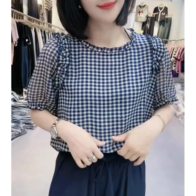 复古格子短袖T恤女2025夏季新款时尚洋气宽松显瘦减龄妈妈装上衣