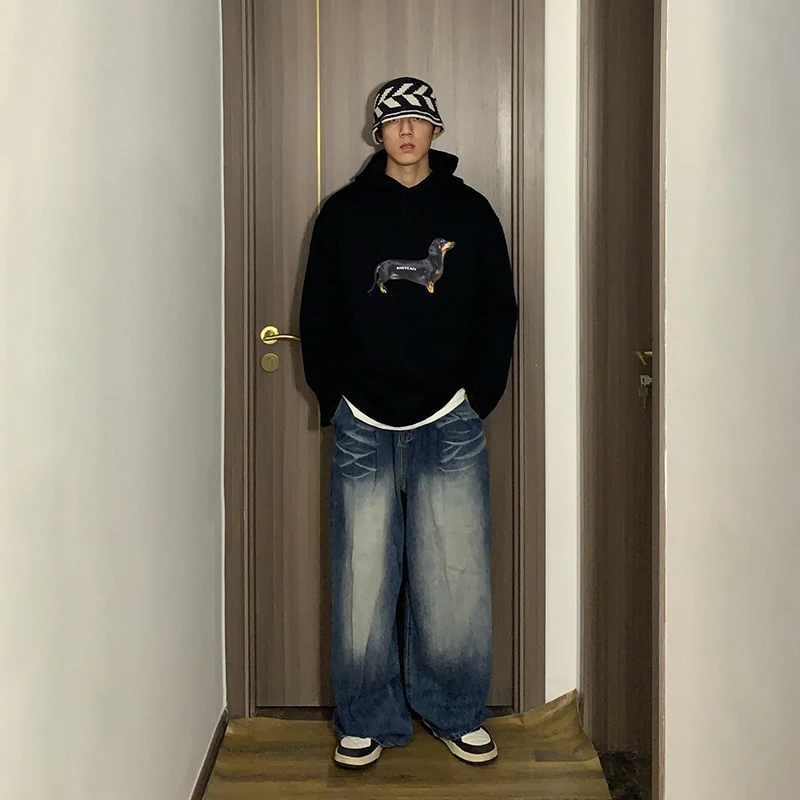 美式重磅连帽卫衣男冬秋季新款腊肠狗印花长袖帽衫宽松加绒上衣服