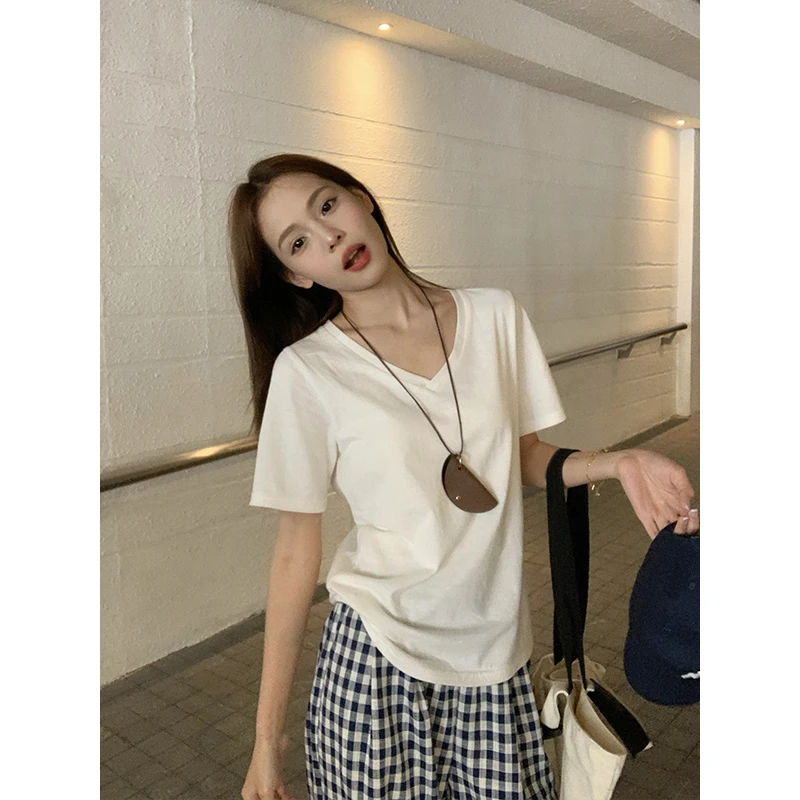 V领白色慵懒感宽松短袖t恤女夏季新款正肩时尚百搭体恤上衣