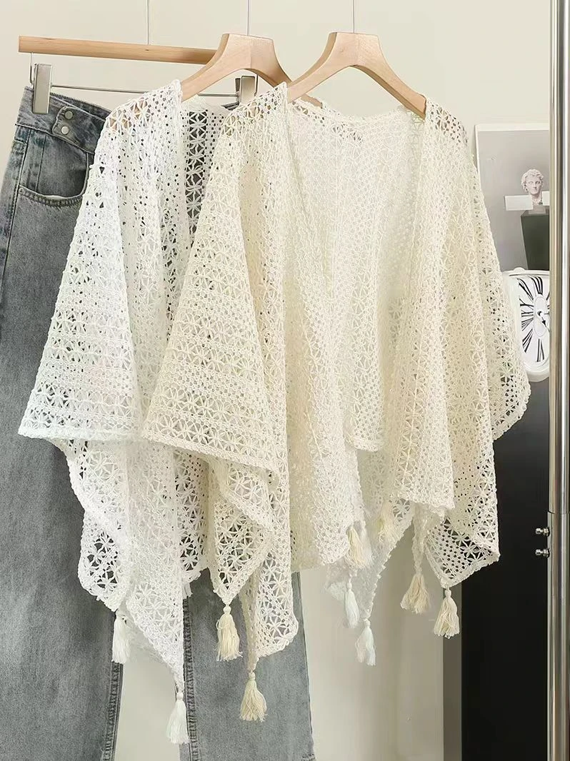 复古民族度假风针织流苏开衫女薄款春秋披肩洋气蕾丝洋气披肩外搭