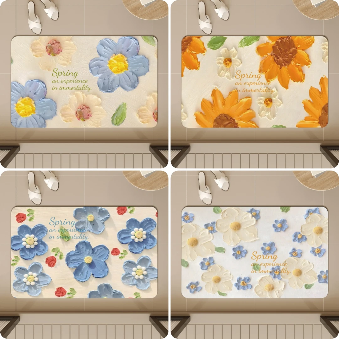 春韵蓝白繁花软硅藻泥地垫脚垫吸水防滑卫生间浴室厕所洗手间门口