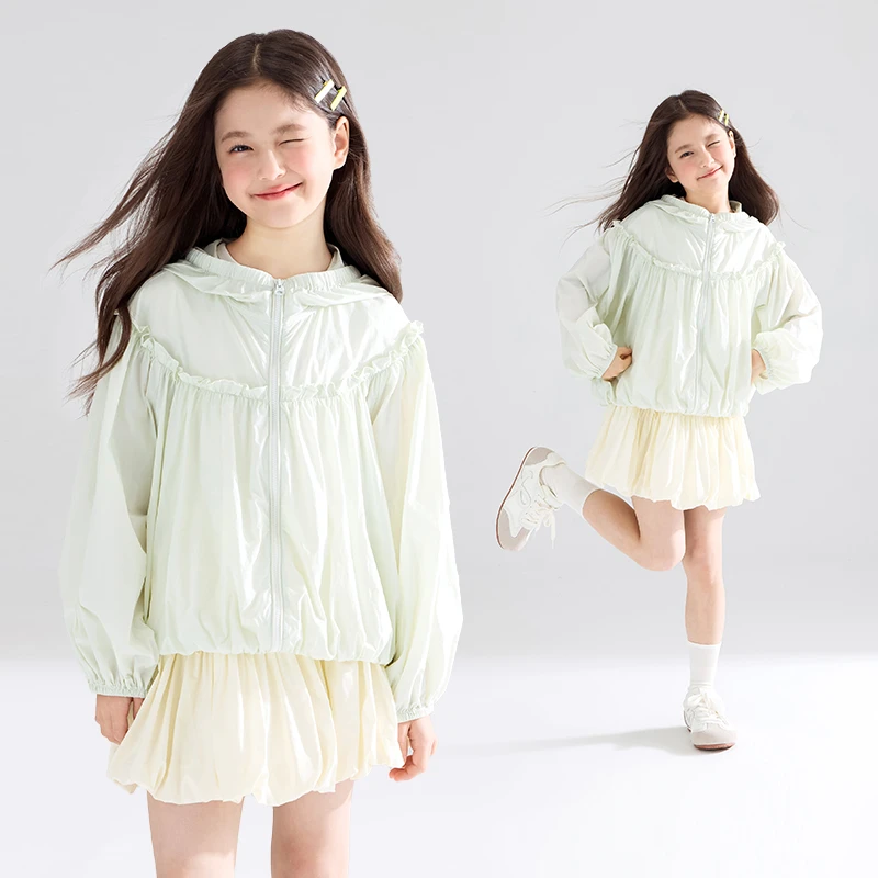 MUCMUKN木可童装冰感超柔速干花边连帽防晒衣女童夏新M52XW3539