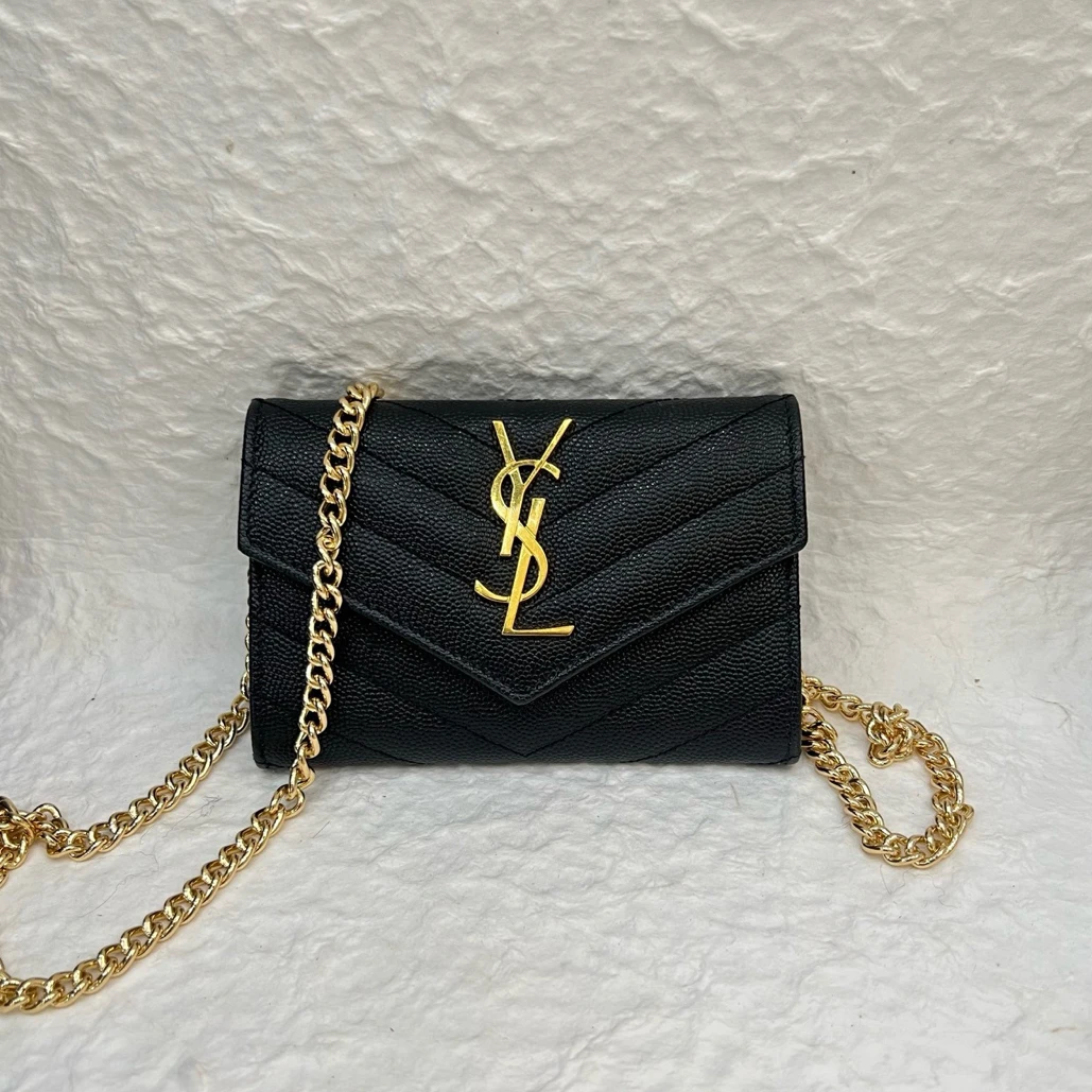 99新 YSL/圣罗兰 YSL 圣罗兰 黑金 logo 荔枝纹牛皮 信封翻盖钱包