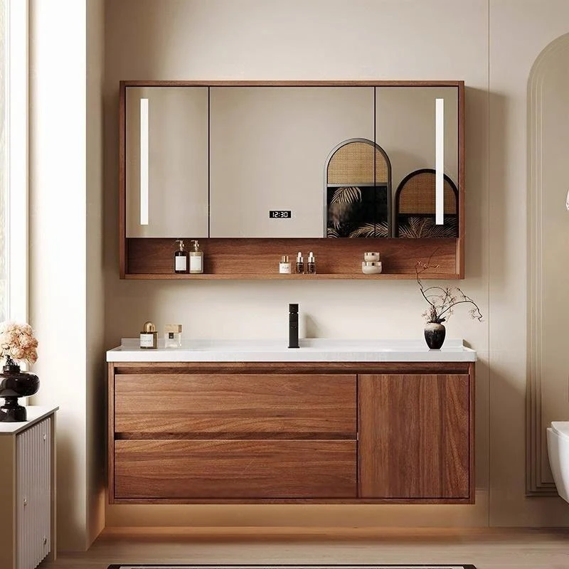 新款胡桃木色浴室柜潮州优等陶瓷一体盆浴室柜小户型收纳镜柜
