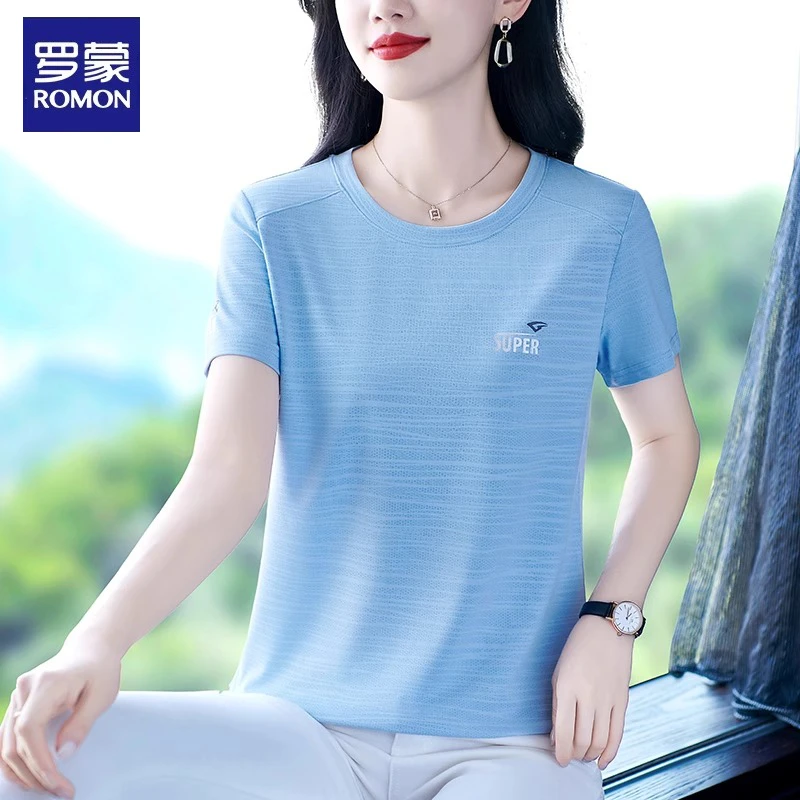 罗蒙短袖t恤女夏季2025新款圆领体恤打底小衫薄款冰丝上衣服夏装