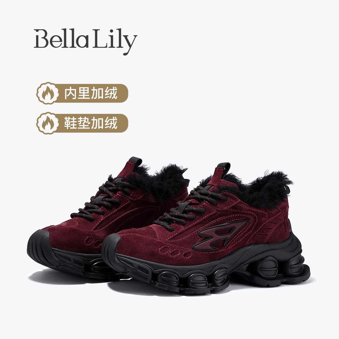 BellaLily2025秋冬新款复古潮流老爹鞋增高加绒休闲鞋牛皮鞋子女