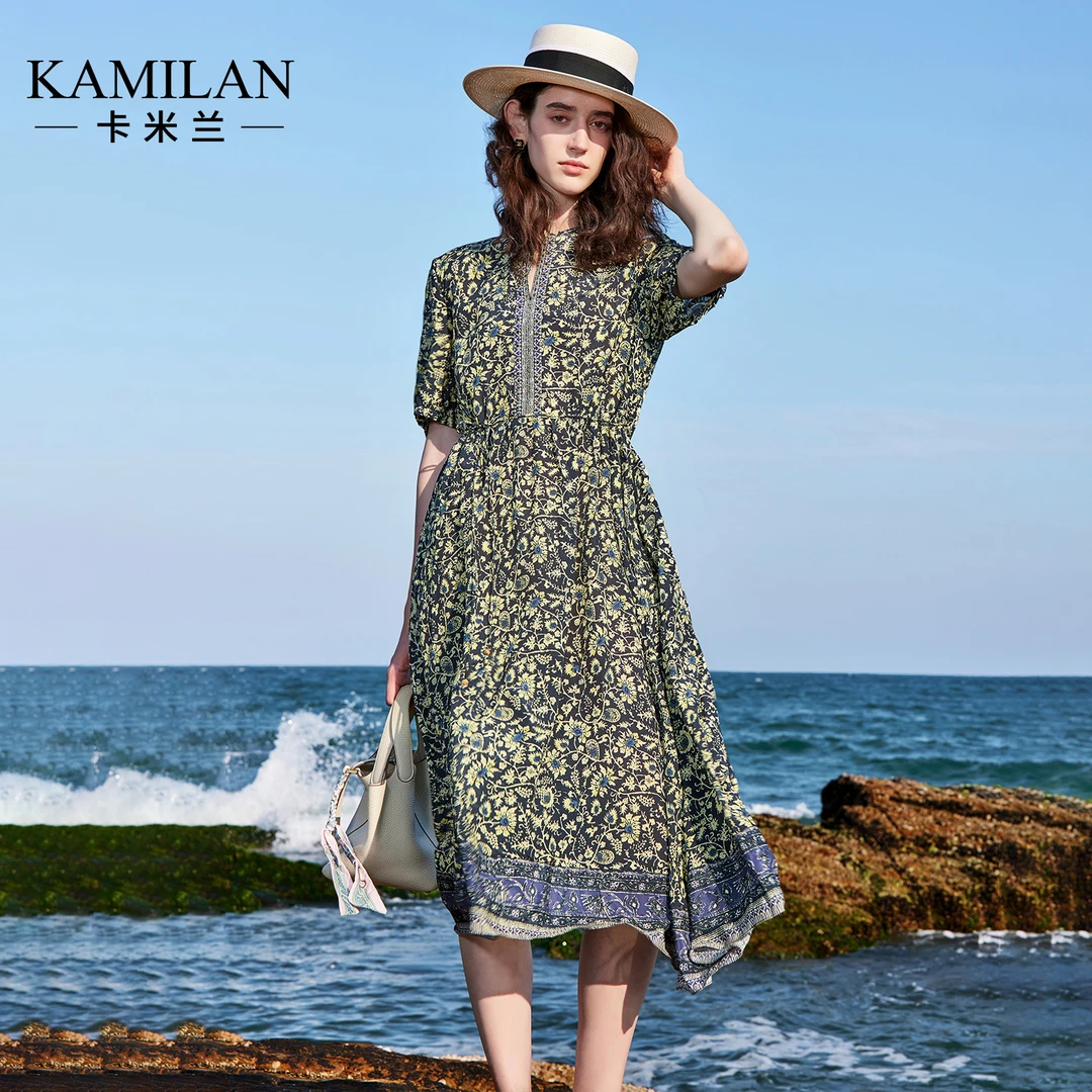 [100桑蚕丝]卡米兰真丝气质连衣裙女2025夏季新款宽松高腰a字裙子