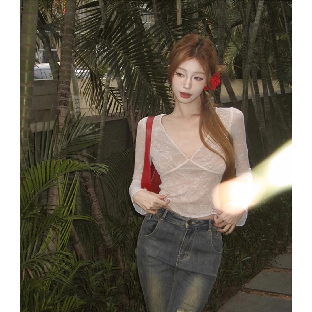 【现货专属】08214气质V领假两件拼接修身长袖蕾丝衫上衣女