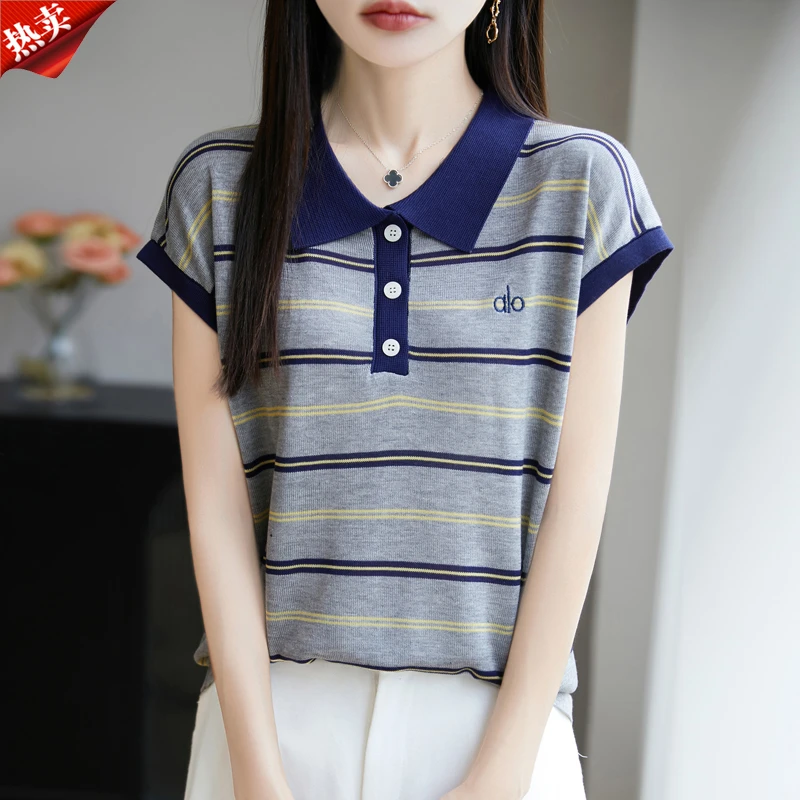 时尚品牌女装2025夏新款竹节麻拼色T恤v领短袖条纹百搭翻领针织衫