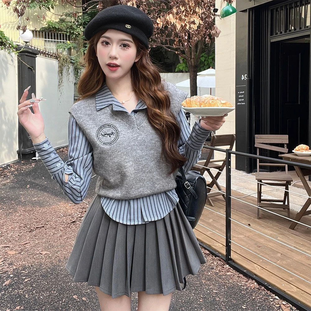【卡佩学院】秋季新款套装上衣春秋显瘦针织百褶裙学院风三件套潮