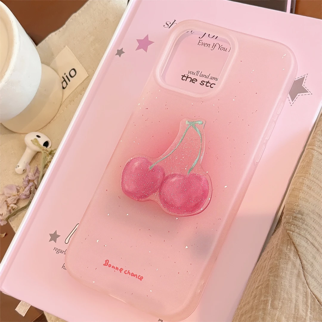 立体闪粉樱桃苹果16手机壳甜美小众iphone15promax适用14软11清新