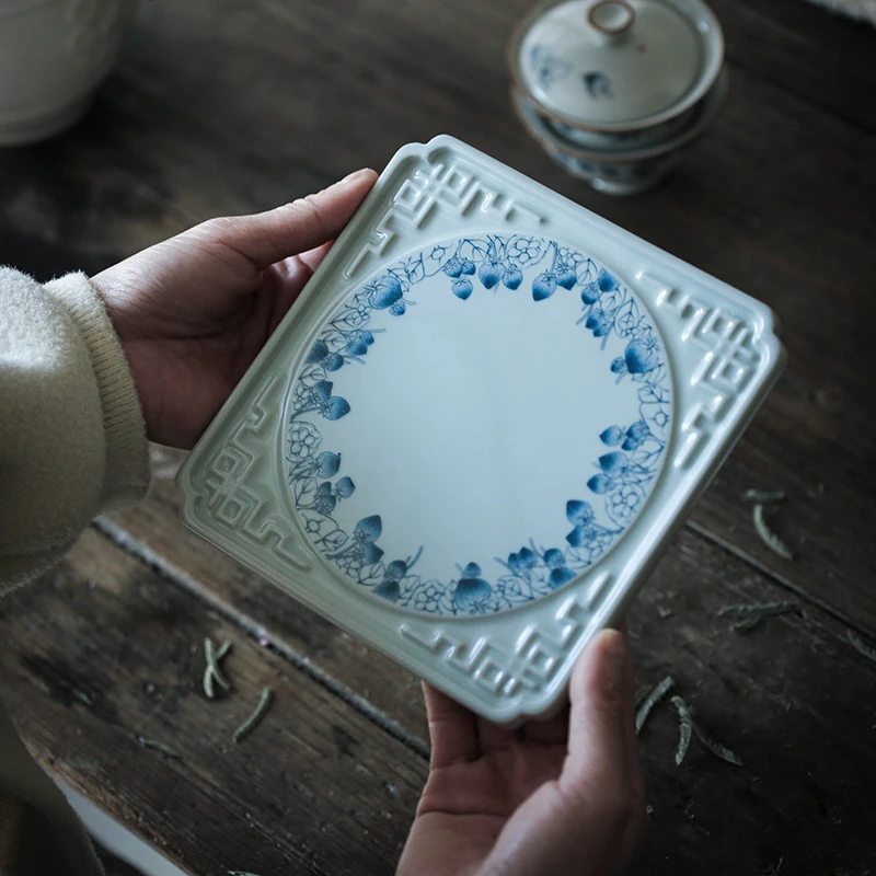仿古青花草莓免四方壶承龙纹壶托干泡盘小茶盘陶瓷壶垫
