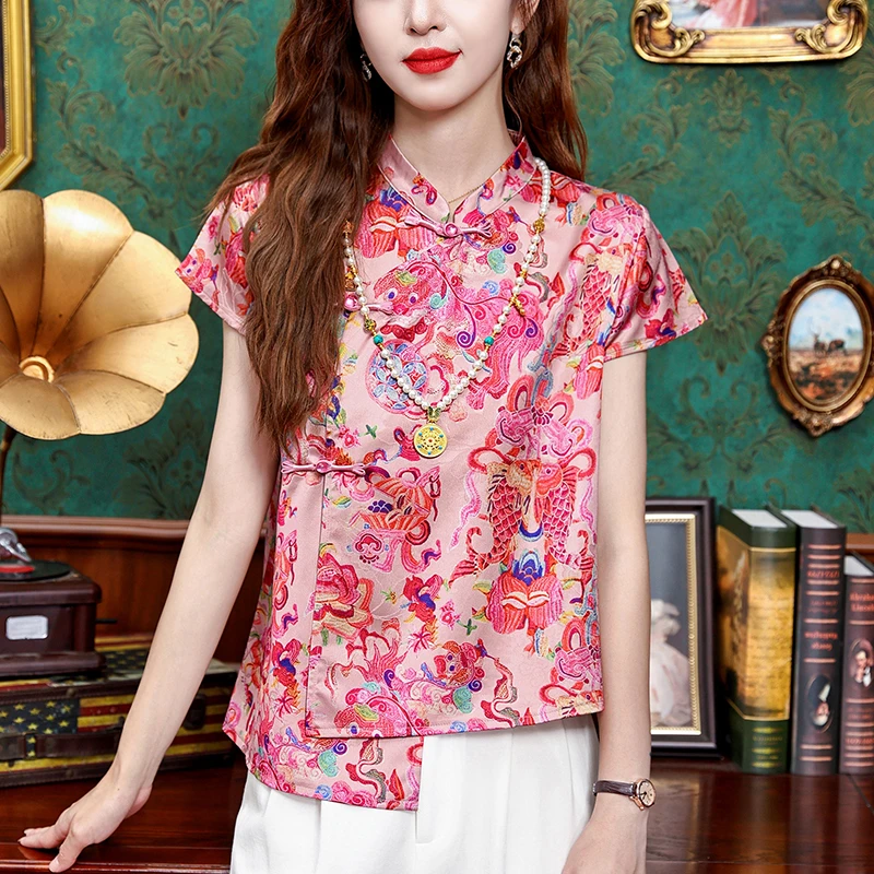 新中式国风斜襟印花衬衫女2025夏季新款改良旗袍国风薄款上衣小衫