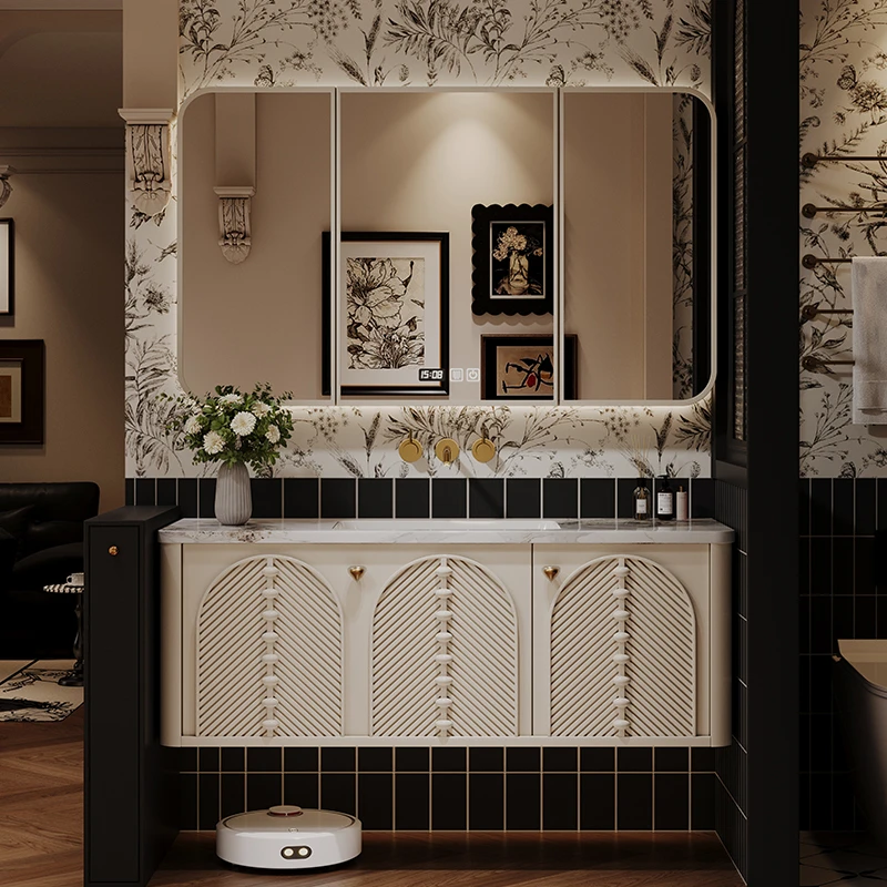 橡木法式奶油风浴室柜组合岩板无缝陶瓷盆卫生间洗漱台洗手脸盆柜