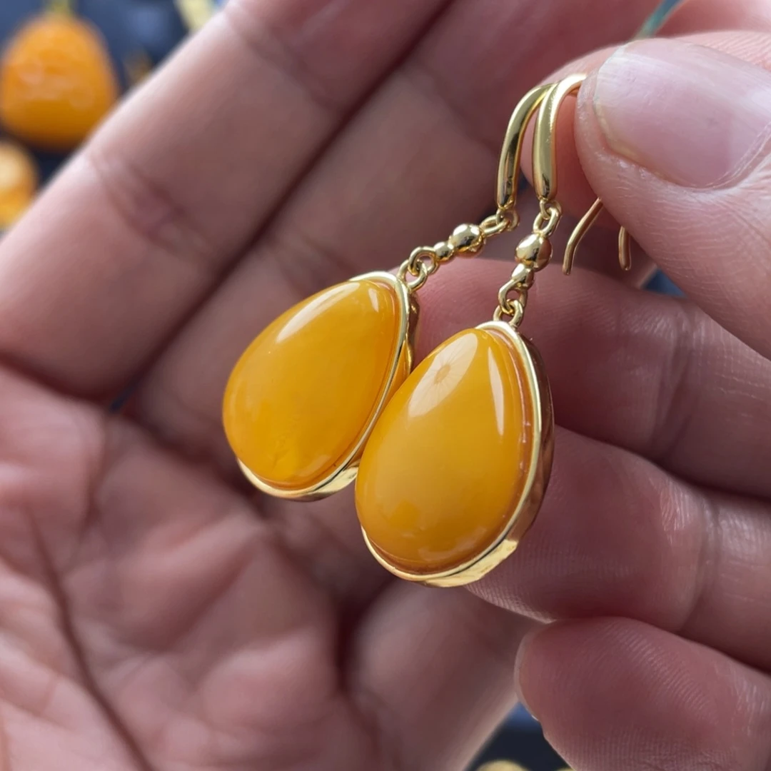 蜜蜡耳饰银S925镀金镶嵌