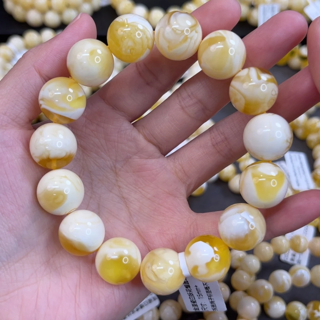 冈***僧蜜蜡未镶嵌手链15mm金漆瓷白溶洞妖花