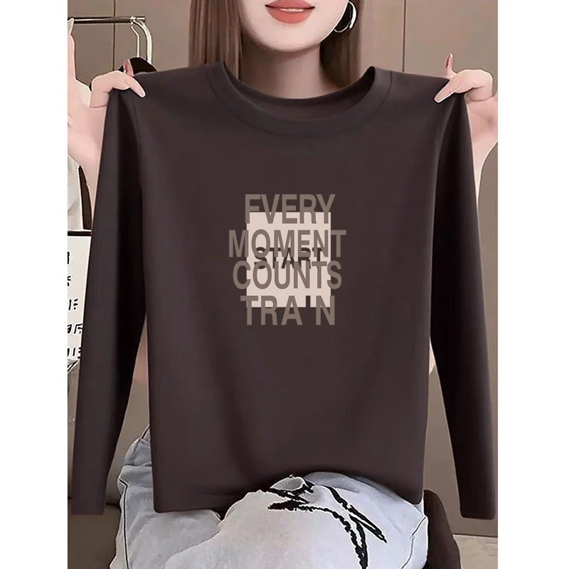 2025新款早秋冬季正肩磨毛长袖t恤女时尚洋气减龄打底衫厚款上衣