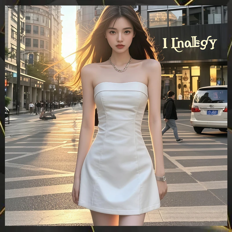 网红时尚炸街新款女装抹胸连衣裙夏季辣妹A字短裙性感白色小裙子