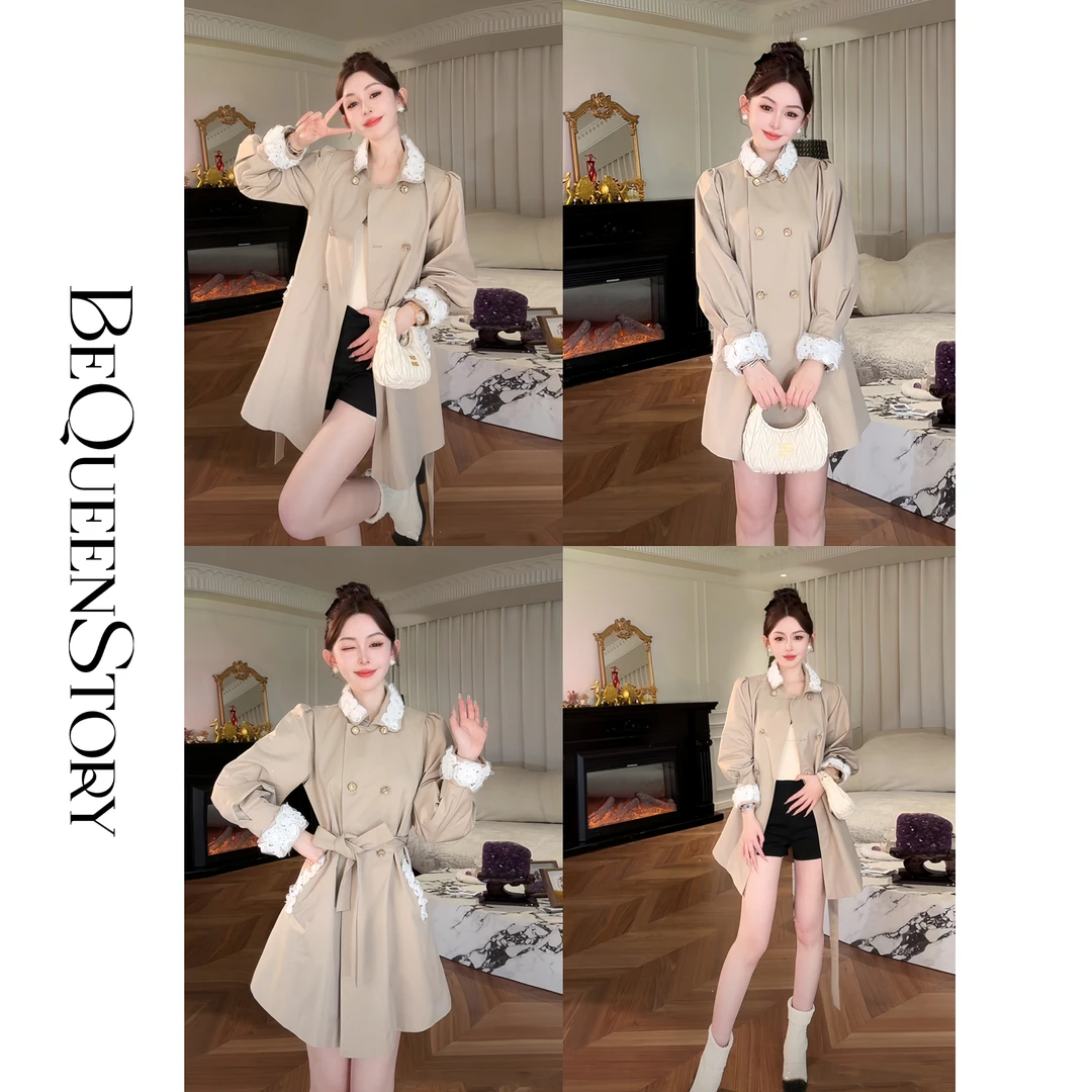 余潇潇【米兰街拍】浪漫甜美亮片洒银翻领盘花泡泡袖中长款风衣