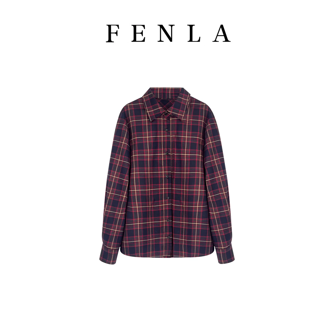 【惠姐私服】复古格纹翻领设计感宽松长袖衬衫通勤休闲衬衫 85508