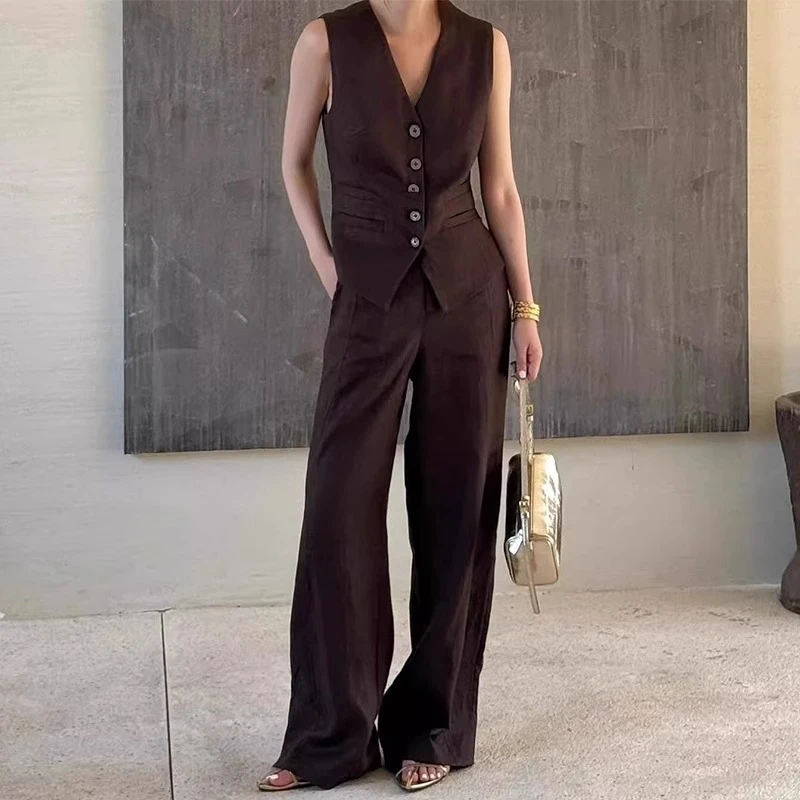 高端棉麻套装女法式复古高级感休闲穿搭轻奢亚麻马甲阔腿裤两件套