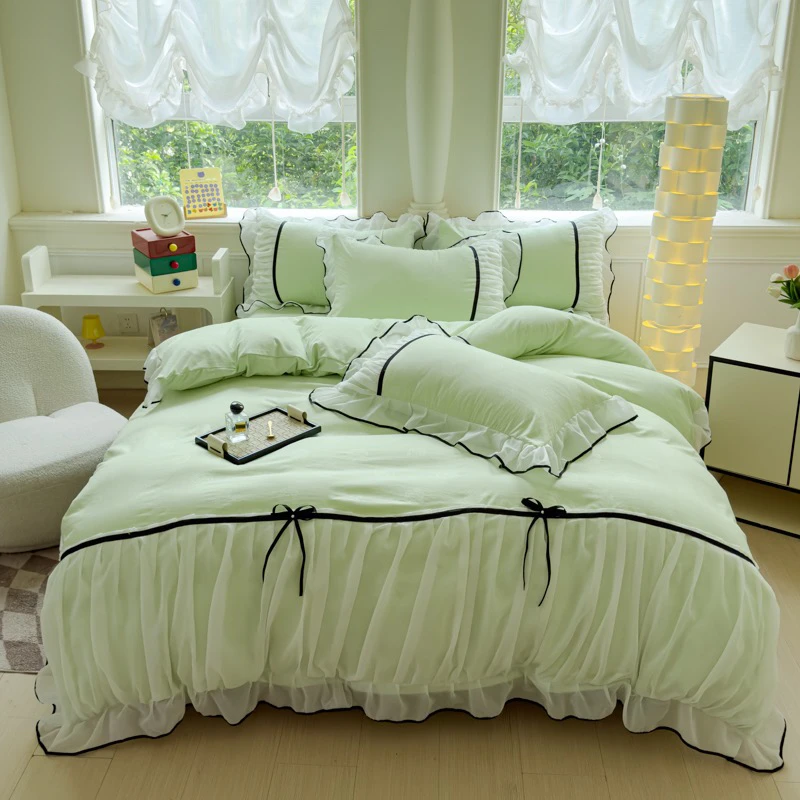 韩版公主风小香风公主风水洗棉夏被四件套法式蕾丝花边床裙款