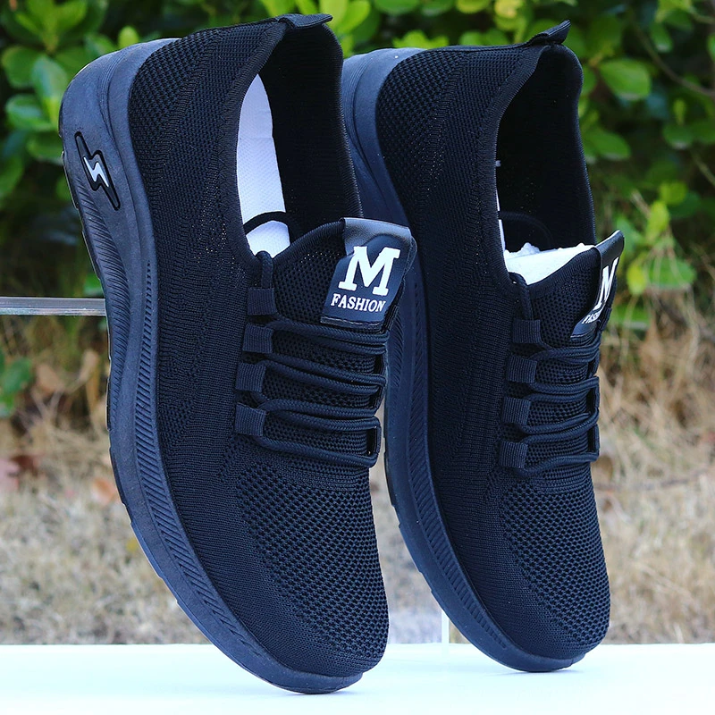 夏季男鞋黑色透气网面运动休闲鞋无铁上班工作鞋防臭软底一脚蹬鞋
