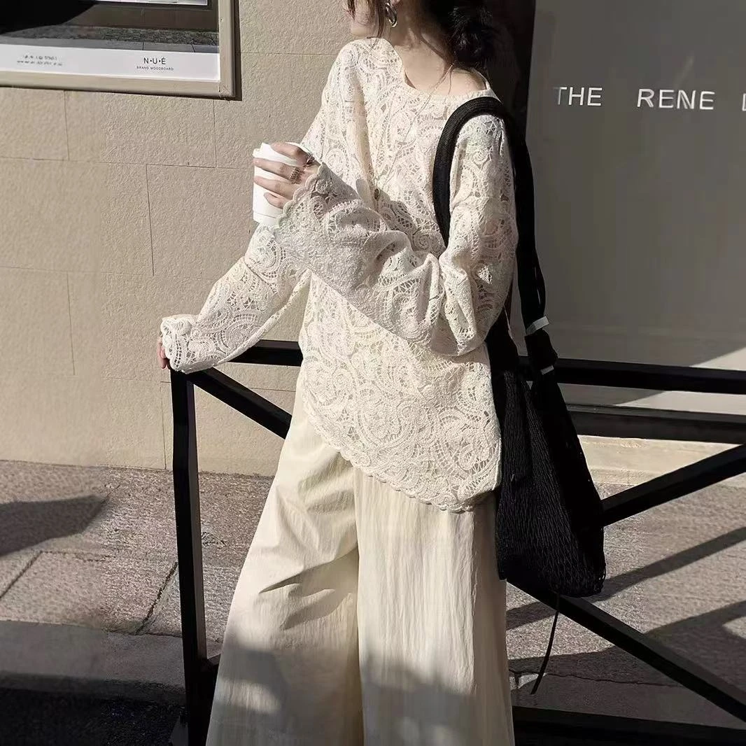 2025春季新款镂空重工钩花罩衫慵懒风宽松上衣女长袖百搭蕾丝衫