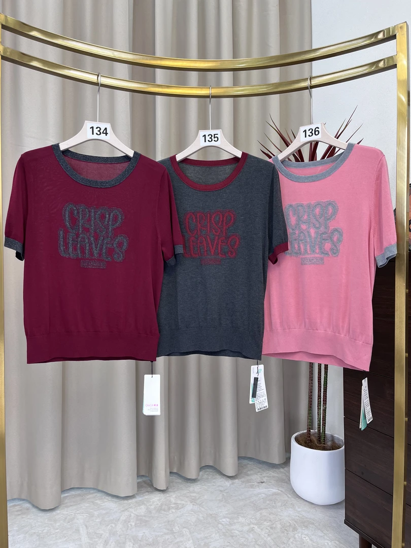 通勤圆领针织短袖字母T恤女士休闲薄雾少女风