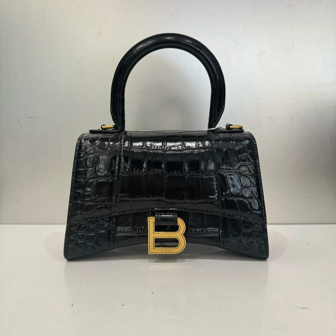 99新 Balenciaga/巴黎世家 巴黎世家鳄鱼压纹沙漏包xs黑金 99新
