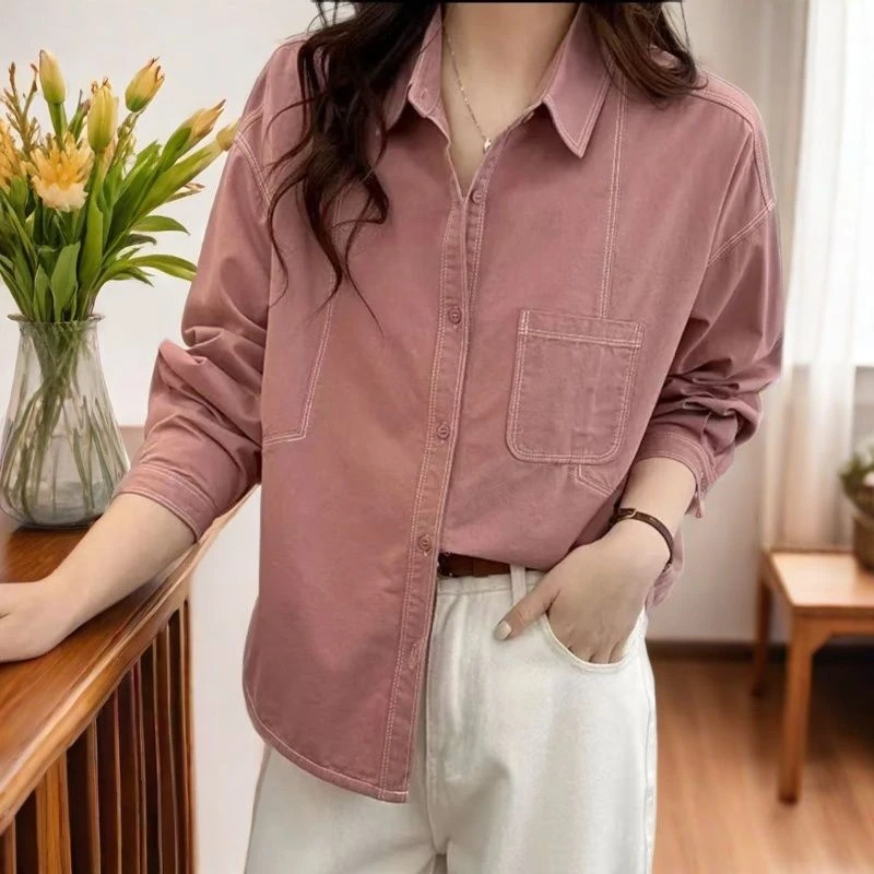 衬衫春秋新款宽松休闲百搭设计翻领感小众上衣外套女长袖打底衬衣