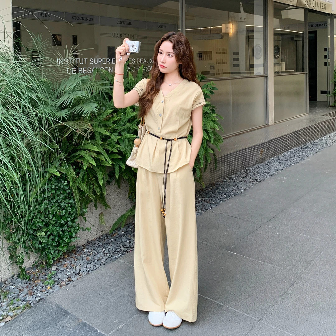 韩系轻职风通勤穿搭套装女夏季2025新款气质收腰上衣阔腿裤两件套