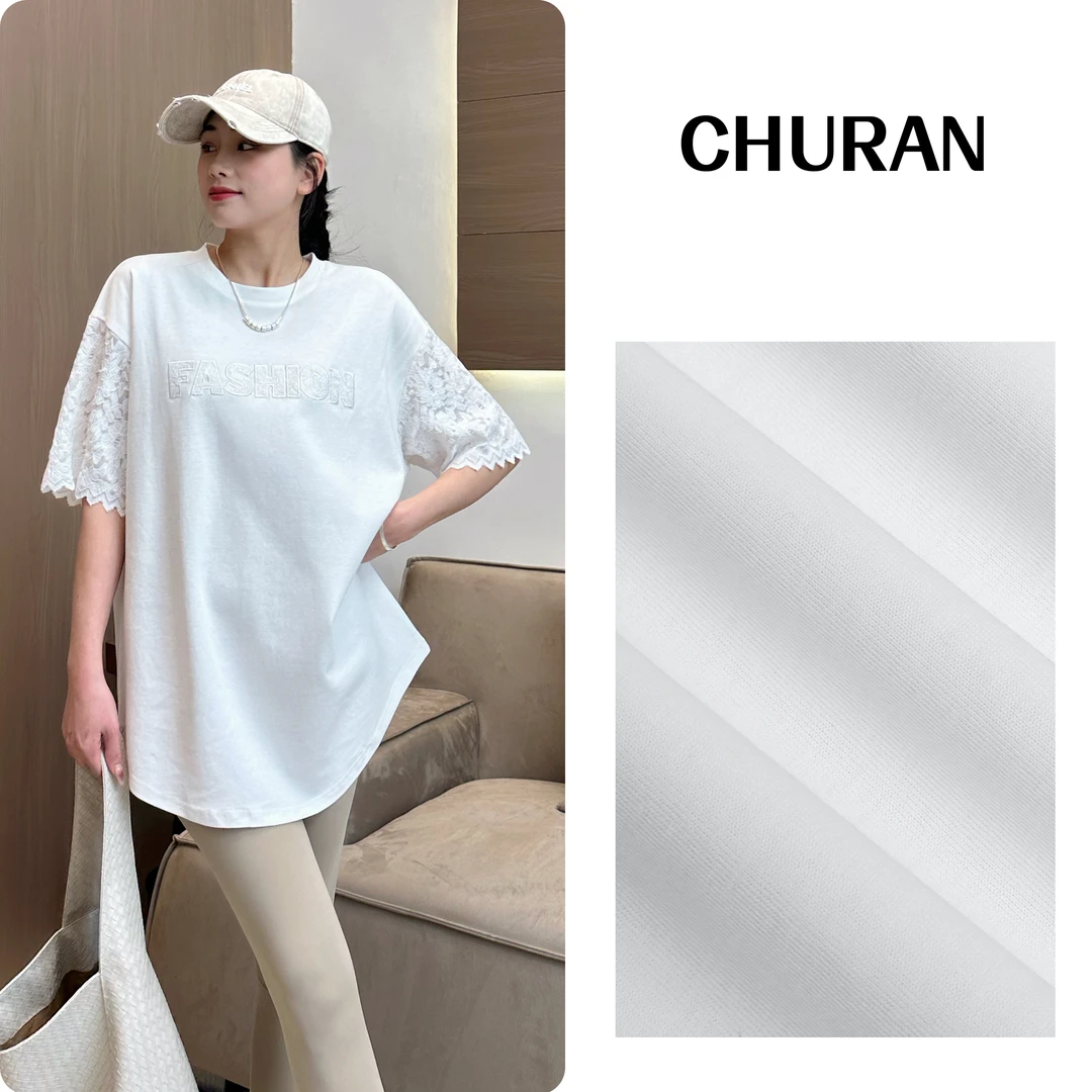 U.V.Y新款字母短袖T恤女宽松时尚气质休闲百搭下摆蕾丝拼接上衣女