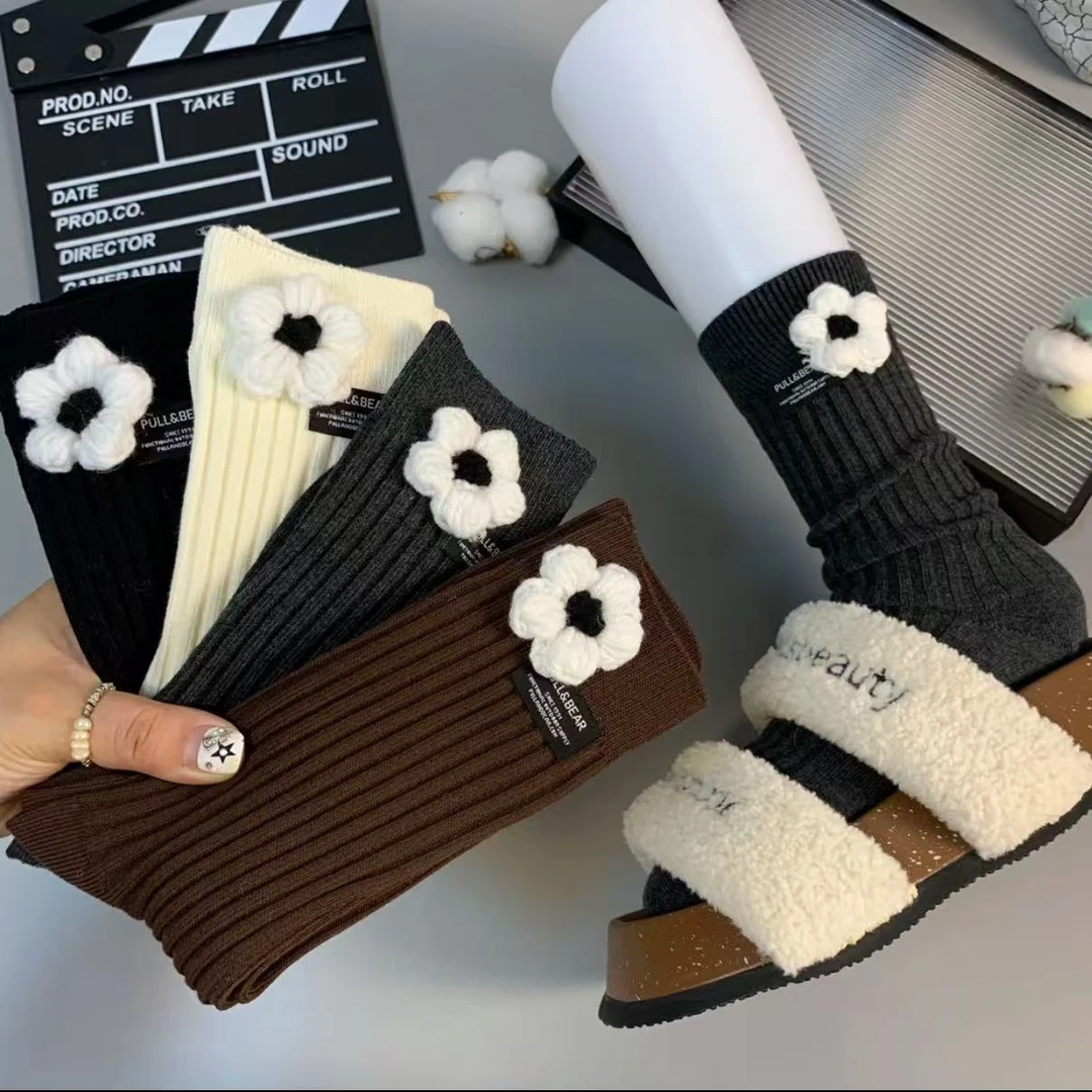 韩版甜美毛线小花布标可爱双针百搭洋气中筒堆堆袜小清新爆款袜子