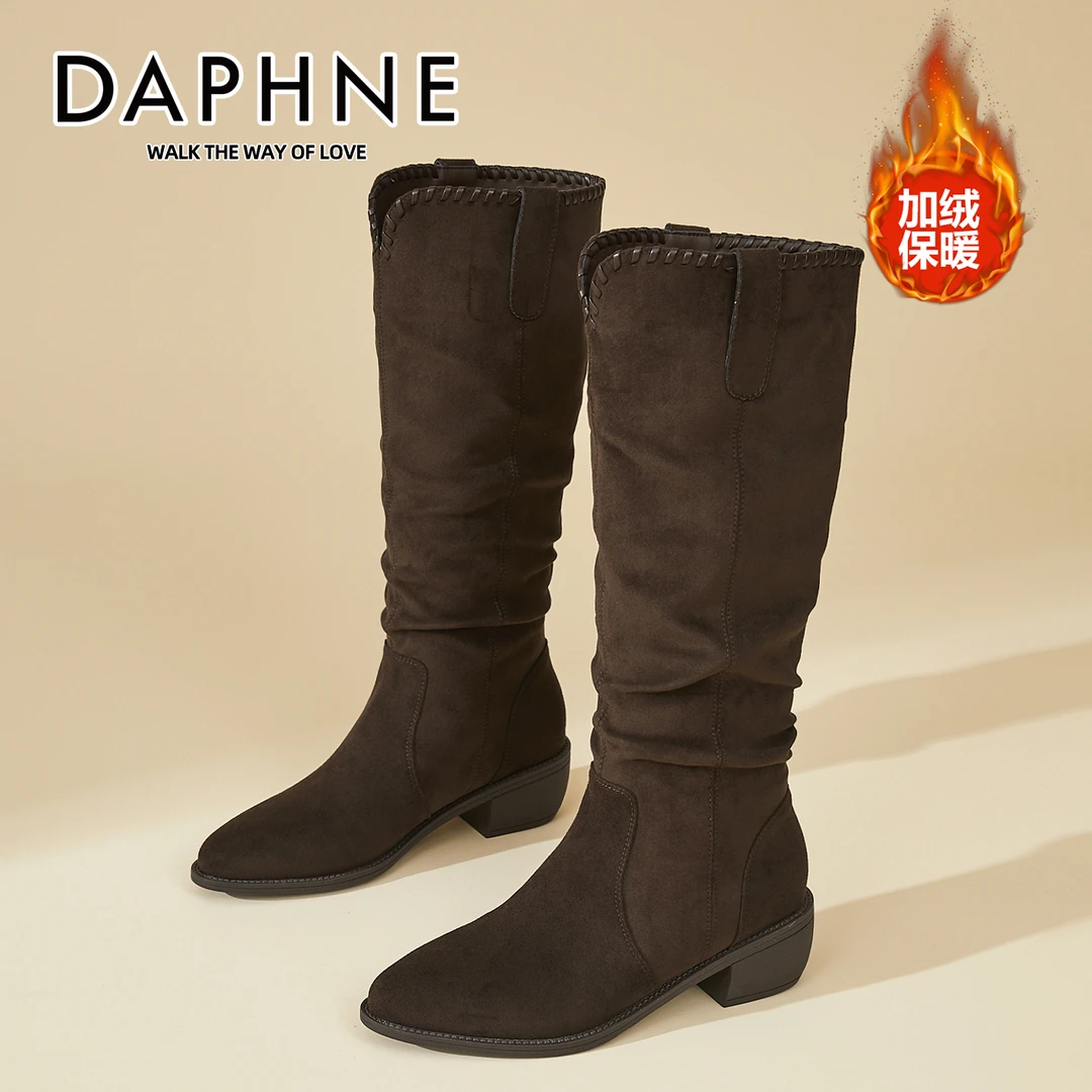 达芙妮琥珀流光尖头骑士靴明星同款靴子冬新款时尚粗跟长筒时装靴