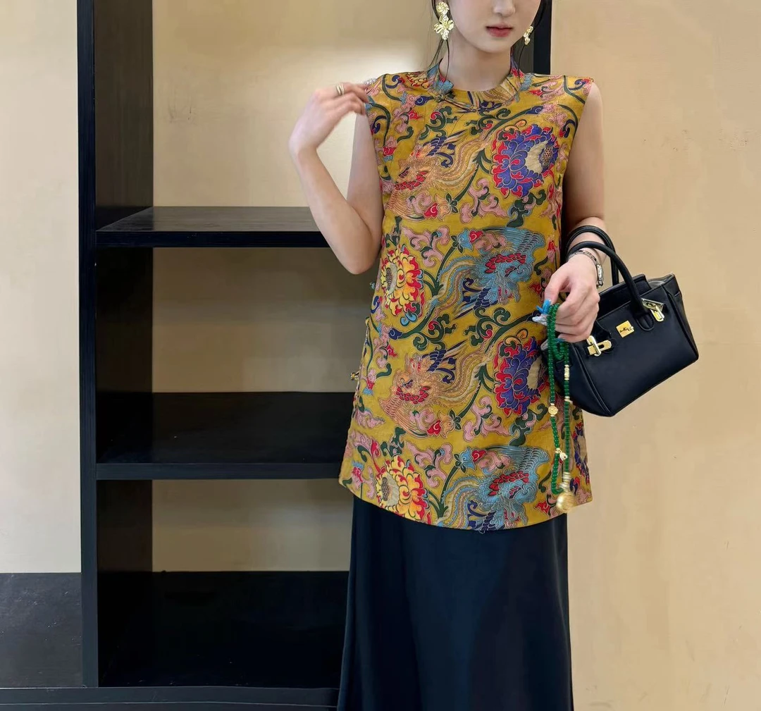 新中式缎面提花立领斜口中长款设计感无袖马甲民族风上衣111