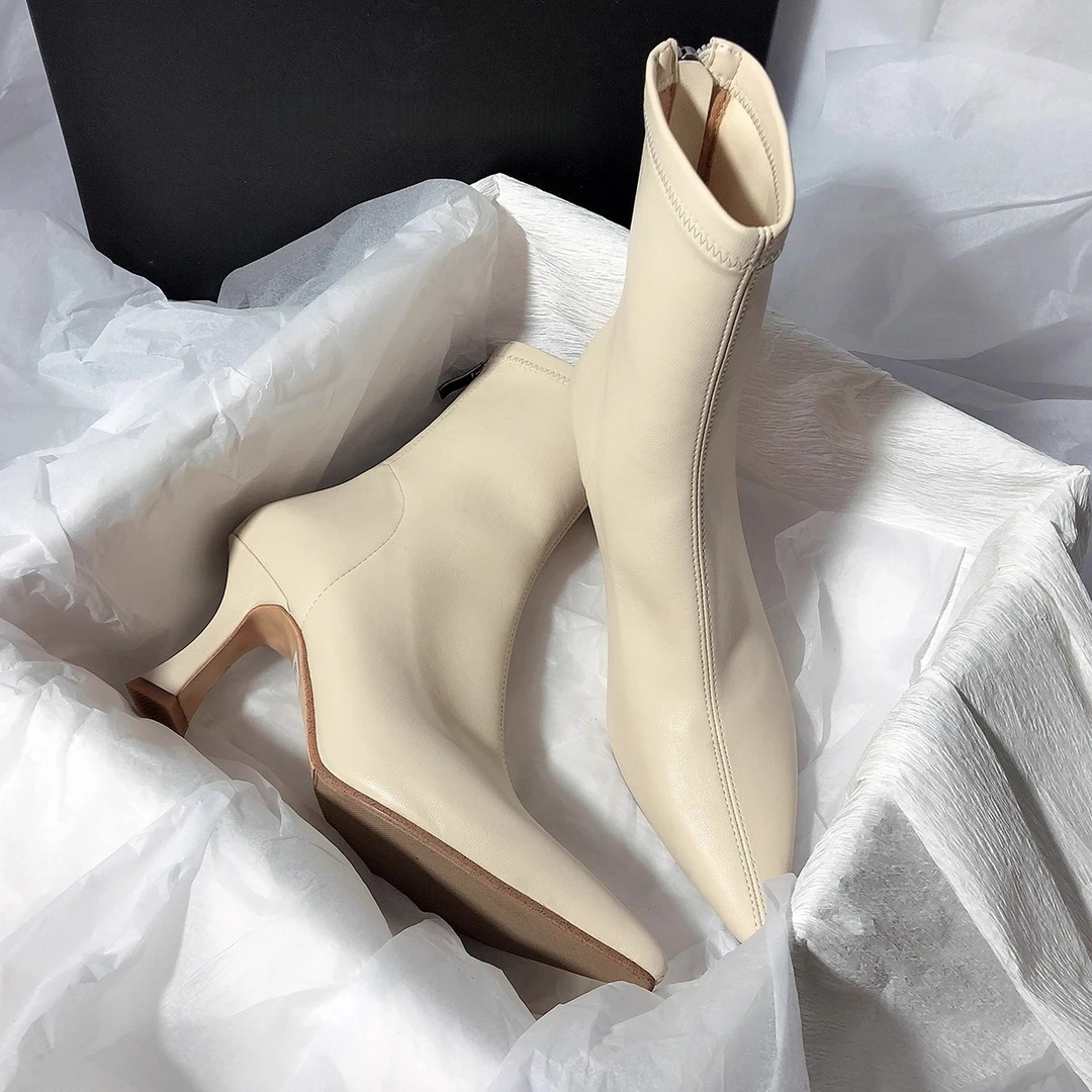 米色短靴女高跟2025年秋冬新款法式细跟后拉链裸靴尖头弹力瘦瘦靴