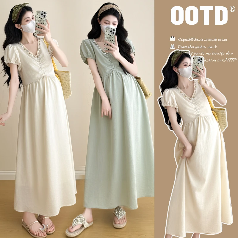 孕妇连衣裙夏季新款时尚气质法式设计感V领口珠片短袖显瘦连衣裙1