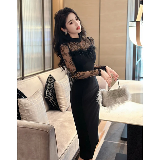 收腰气质长袖御姐风连衣裙女2025秋冬新款蕾丝修身包臀高级感裙子