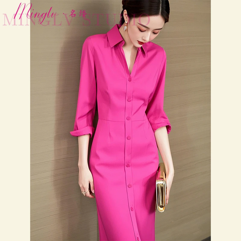 名缕轻奢品牌2025夏季款气质名媛百搭减龄玫红色衬衫连衣裙