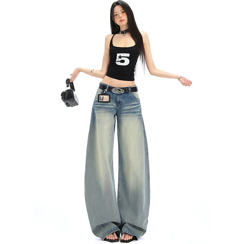 RTRX浅色水洗立体猫须低腰直筒牛仔裤女做旧百搭设计感宽松阔腿裤