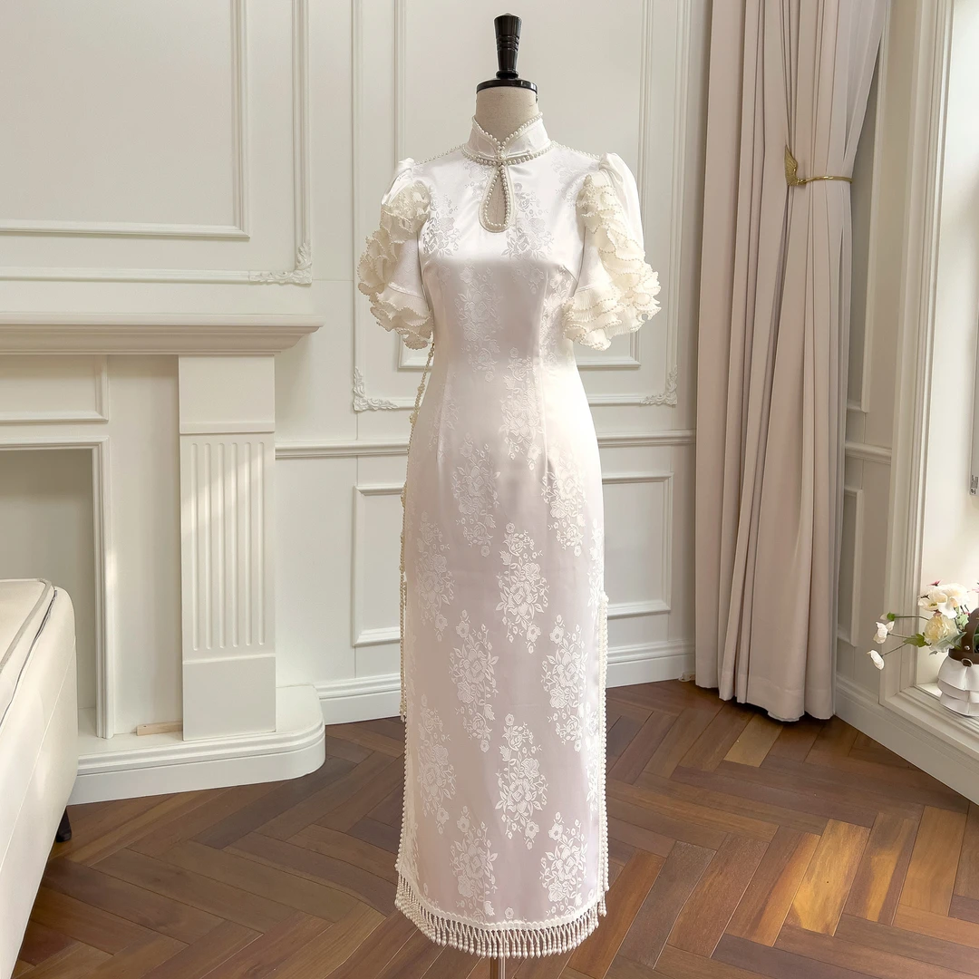 新中式国风提花镂空改良旗袍连衣裙气质优雅收腰礼服长裙女蕾丝