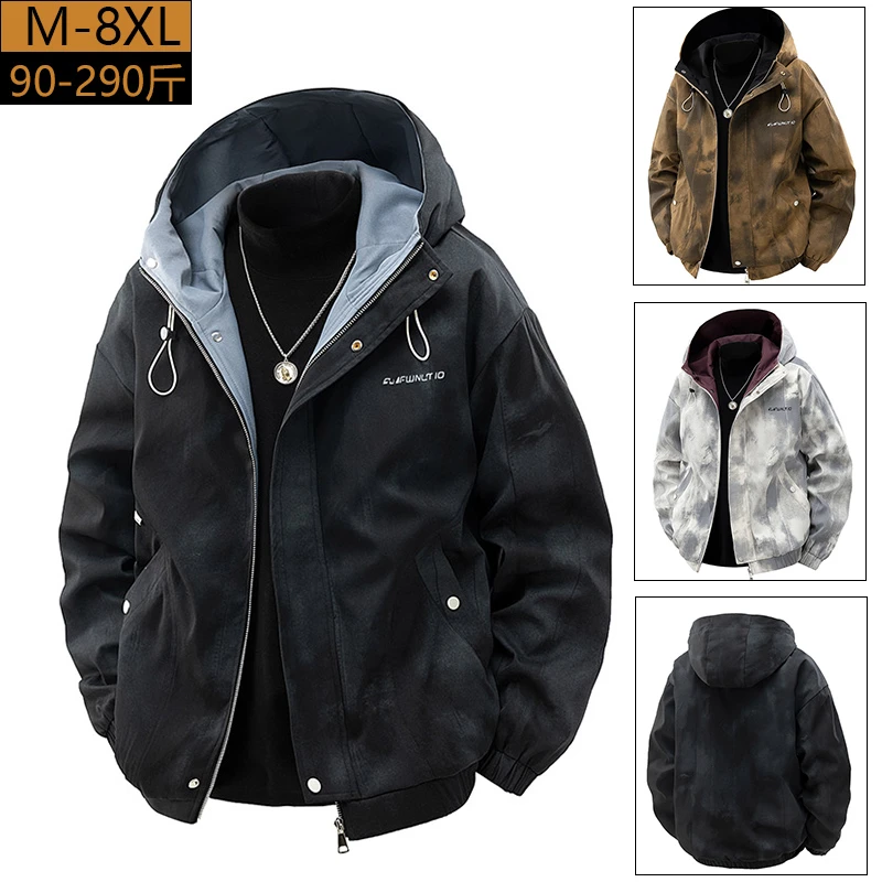 春秋季男士连帽夹克胖子宽松大码外套加肥加大休闲潮流刺绣上衣