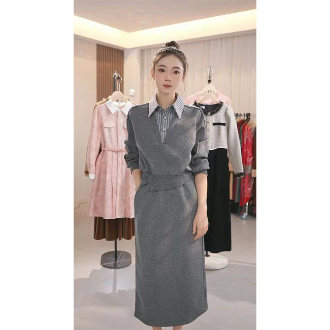 L626 时尚洋气2024年秋季气质百搭拼接假两件上衣+纯色半身裙